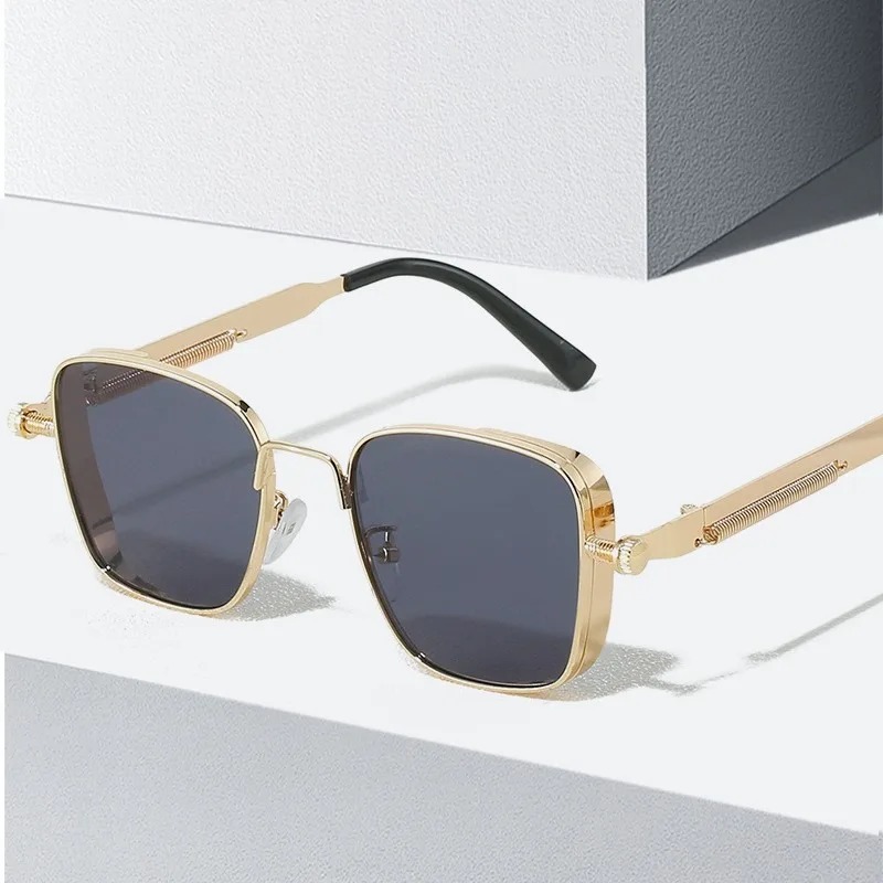 Lunettes de soleil vintage steampunk carrées pour hommes, monture métallique avec charnières à ressort, lunettes de conduite tendance pour femmes