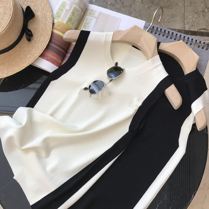 Soie glacée noir blanc contraste sans manches tricoté débardeur sauvage col en V gilet hauts et t-shirts vêtements pour femmes Camis décontractés