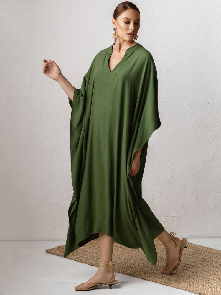 Robe longue de plage ample, Cover-Up pour les maillots de bain, Kaftan, tunique de plage, couleur unie, col en V, élégante, été