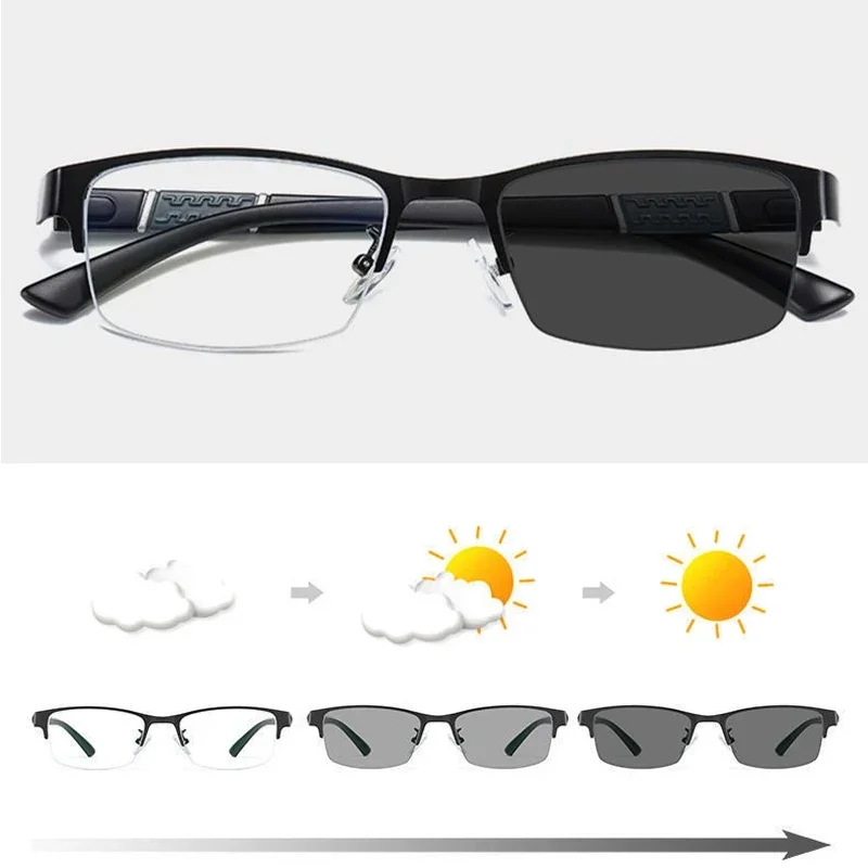 Lunettes de myopie photochromiques pour hommes, demi-monture d'affaires vintage, lunettes de vue moins, extérieur, document proxy, lunettes de soleil 0-1.0 à-4.0