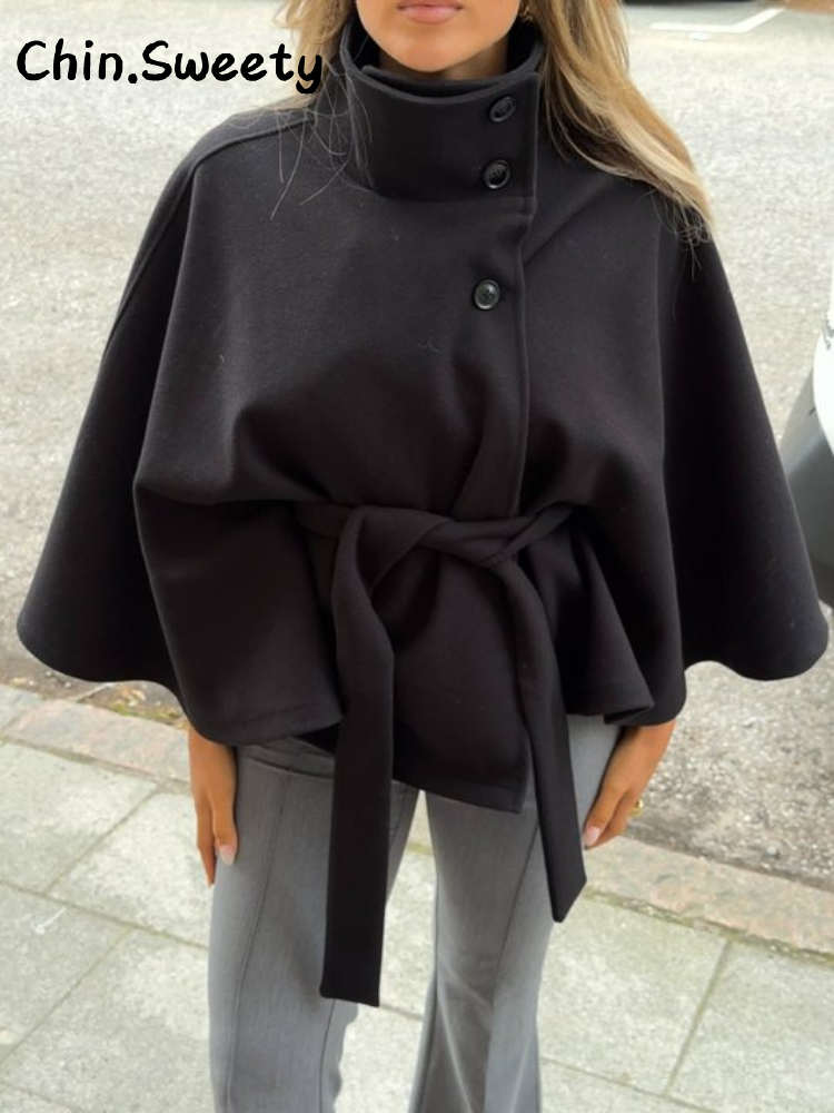 Manteau chic pour femme, style streetwear, à manches chauve-souris, avec ceinture, coupe ample, couleur unie, col montant, simple boutonnage, automne 2026, polyvalent
