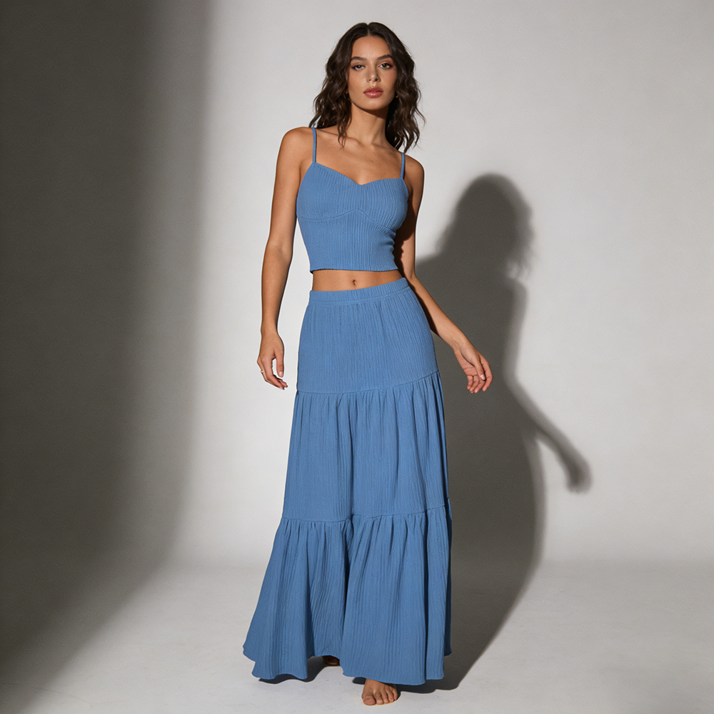 Ensemble décontracté d'été pour femme : caraco sans manches et jupe fluide – Tenue de plage légère et confortable en deux pièces