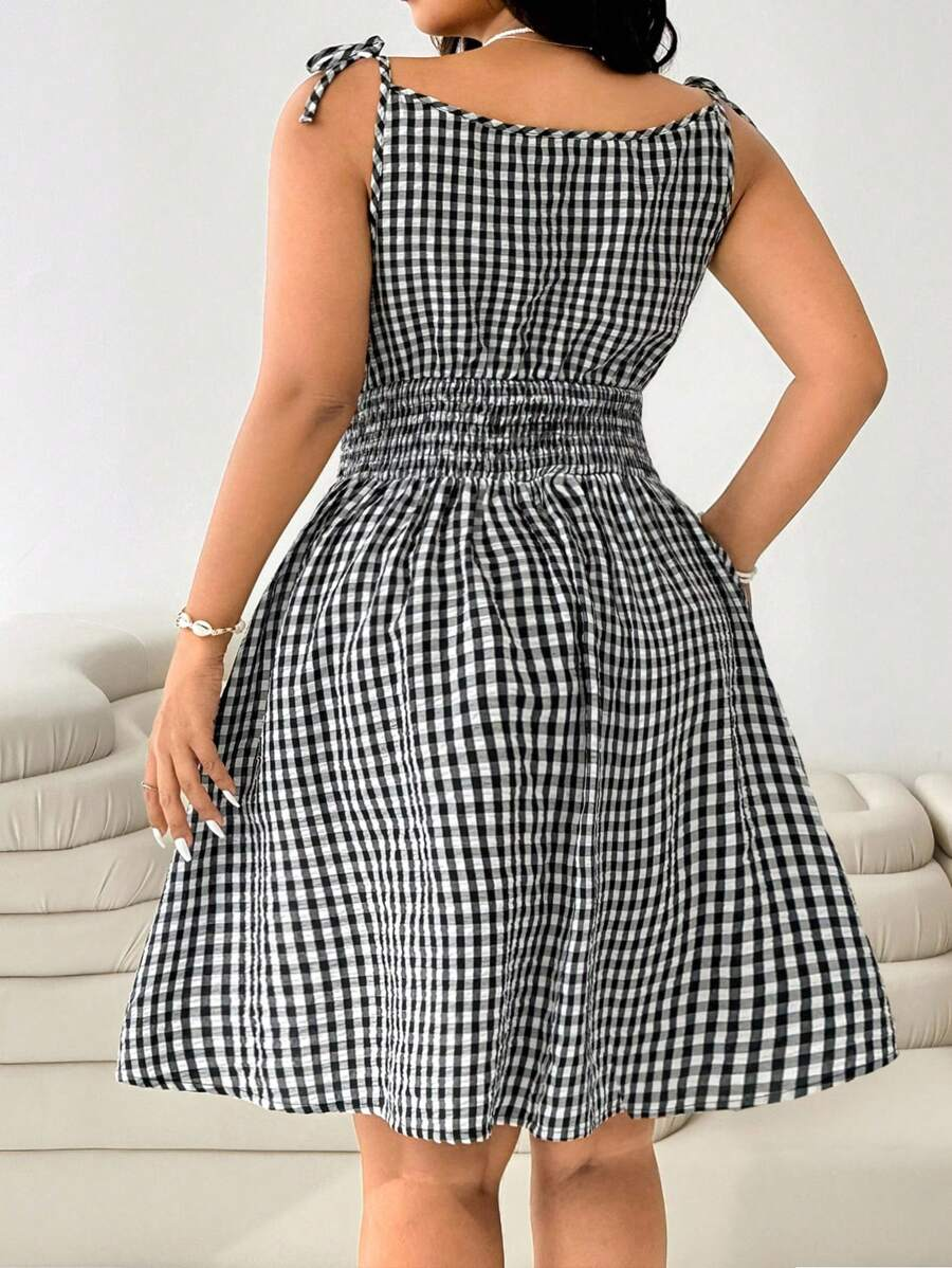 Robe décontractée sans manches à imprimé vichy et taille froncée, coupe ajustée, grande taille pour femme