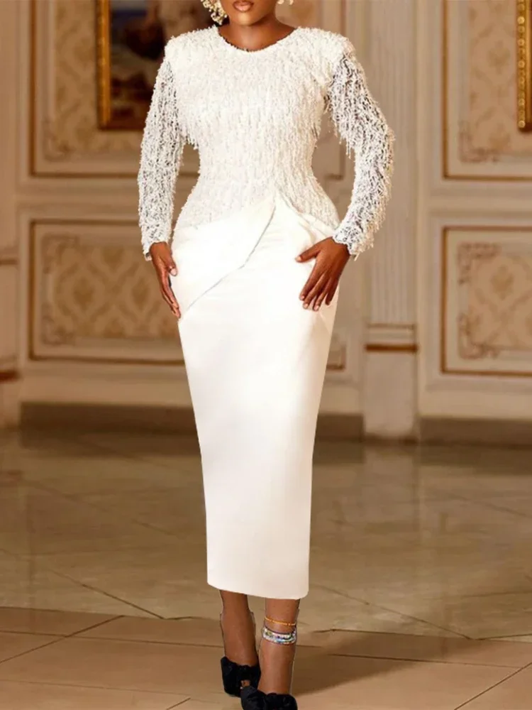 Robe de soirée mi-longue à manches longues pour femmes, robes blanches formelles, col rond, glands, coutures en dentelle, printemps, 2023