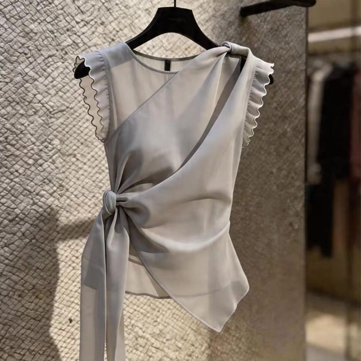 Chemisier Femme Élégant à Lacets, Couleur Unie, Col Rond, Sans Manches, Transparent, Tendance Été