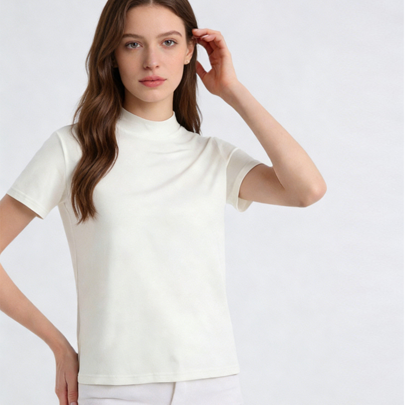 Nouveau T-shirt polyvalent à manches courtes et col semi-montant en soie de mûrier naturelle (25 %) tricoté pour femme, collection Printemps/Été 2026