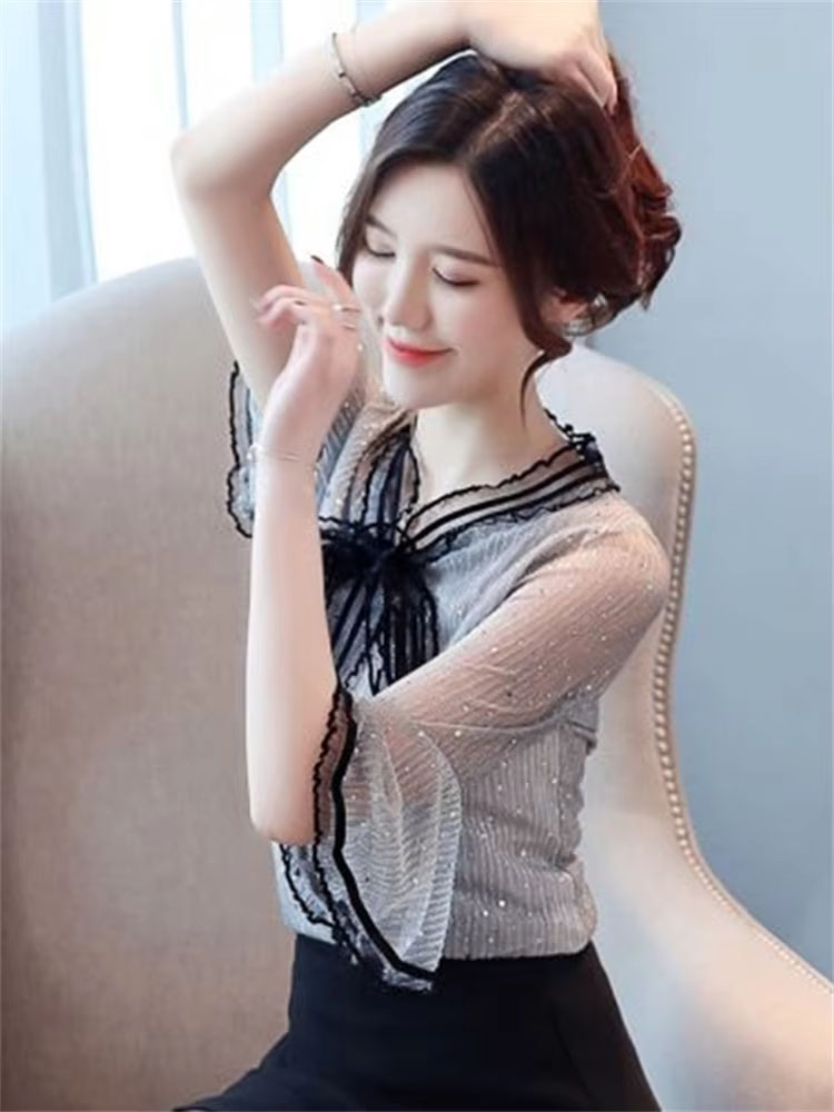 Chemisiers en Chiffon et Dentelle pour Femme, Style Printemps-Été, Décontractés, à Manches Courtes Évasées et Col Nœud Papillon, Blusas et Hauts