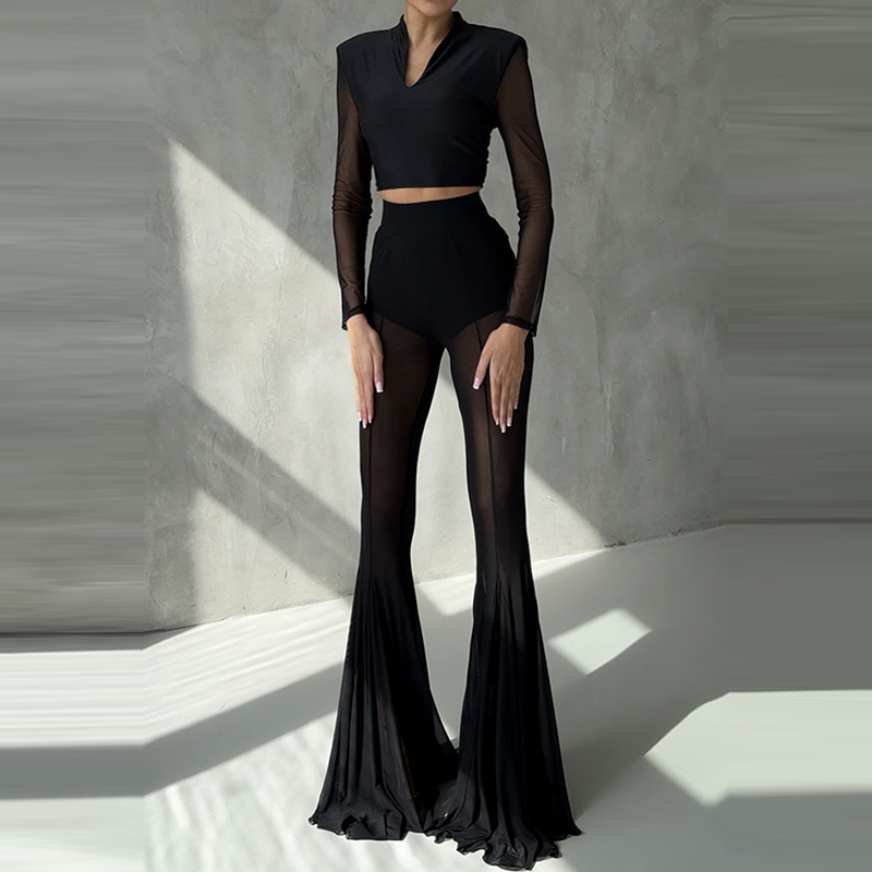 Pantalon droit Slim taille haute pour femmes, élégant, Sexy, transparent, évasé en maille, couleur unie, Long, pour les déplacements, été