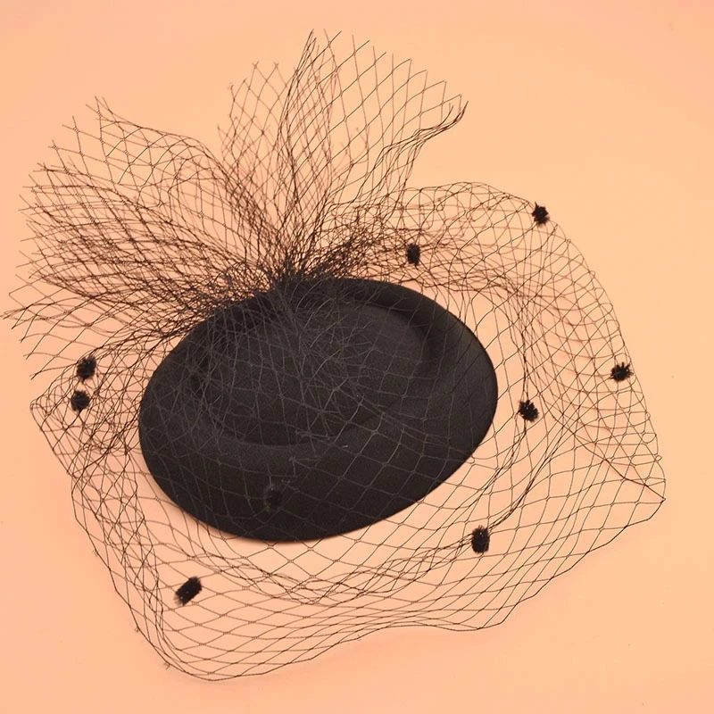 Petit chapeau haut-de-forme en voile noir, accessoires pour cheveux, matériel en laine rétro, coiffure de dîner, couvre-chef de mariée, bandeau, bijoux