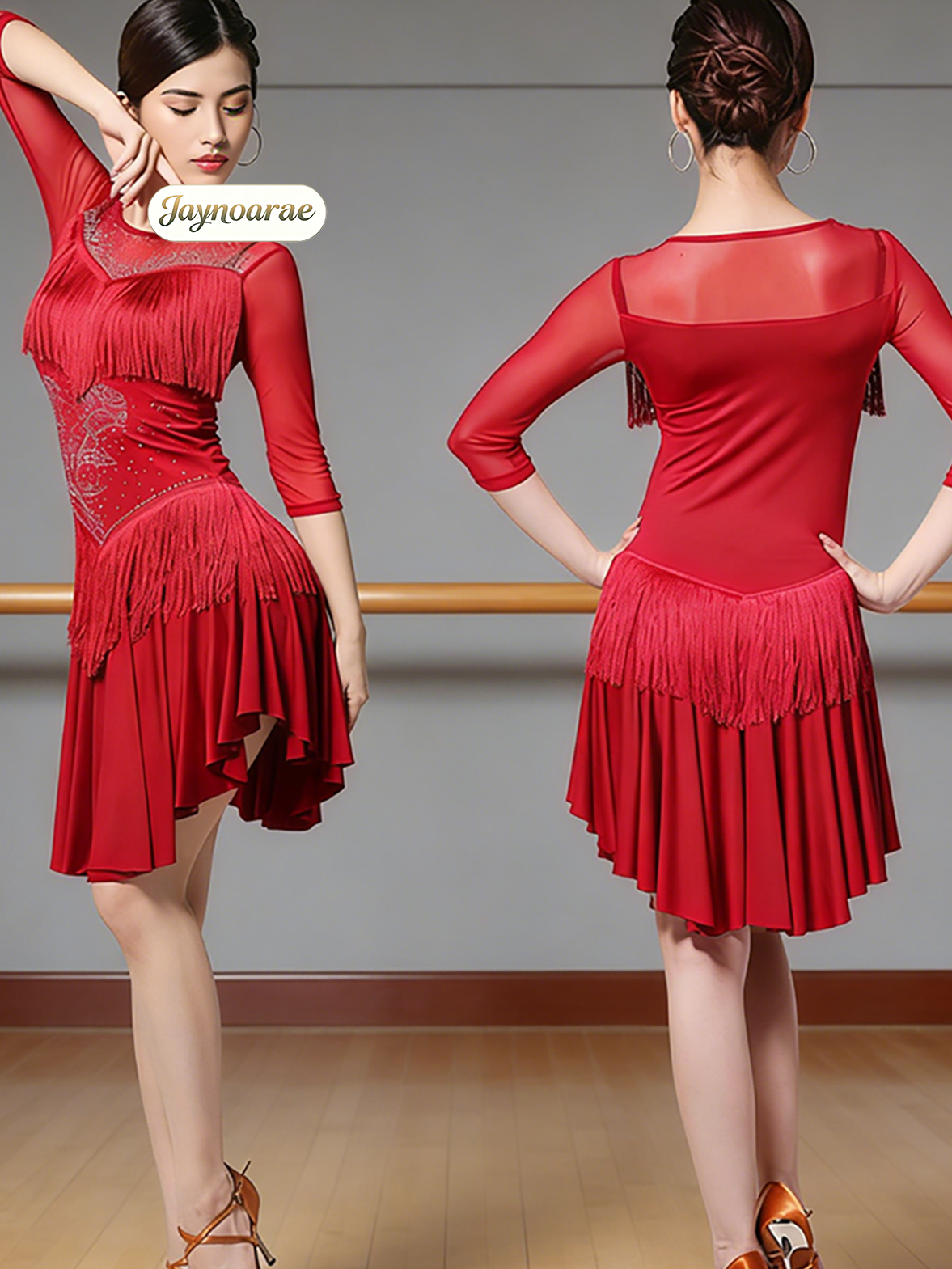 Robe de danse latine JAYNOARAE pour femmes, à franges, col rond en dentelle, manches 1/2, pour tango et salsa