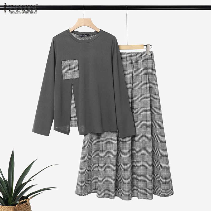 ZANZEA – tenue en patchwork à carreaux pour femmes, ensemble 2 pièces musulman, chemisier décontracté à col rond et manches longues, jupe longue trapèze, ensembles assortis