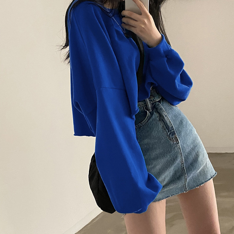 Sweat-shirts courts de mode coréenne pour femmes, hauts courts amples de couleur unie sexy, streetwear décontracté pour femmes, pulls grande taille pour femmes