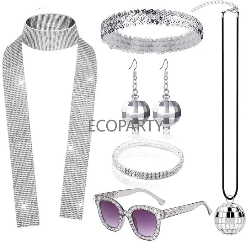Ensemble de costumes Disco des années 1970, 6 pièces, accessoires Disco, lunettes de soleil scintillantes, longue écharpe et boucles d'oreilles, ensembles de bijoux pour femmes des années 70