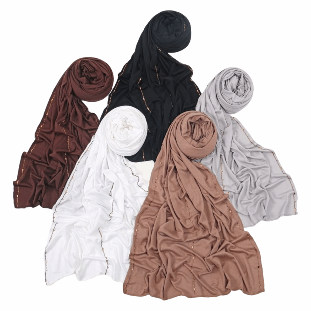 Nouveau Hijab Respirant en Strass, Foulard Doux Scintillant à Bords Brillants, Bandeau Turban Couleur Unie pour Femme