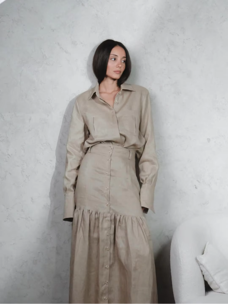 Ensemble jupe et chemise pour femme, chemise à col rabattu et simple boutonnage, jupe longue taille haute ajustée avec ourlet à volants et boutons, ensemble assorti pour femme