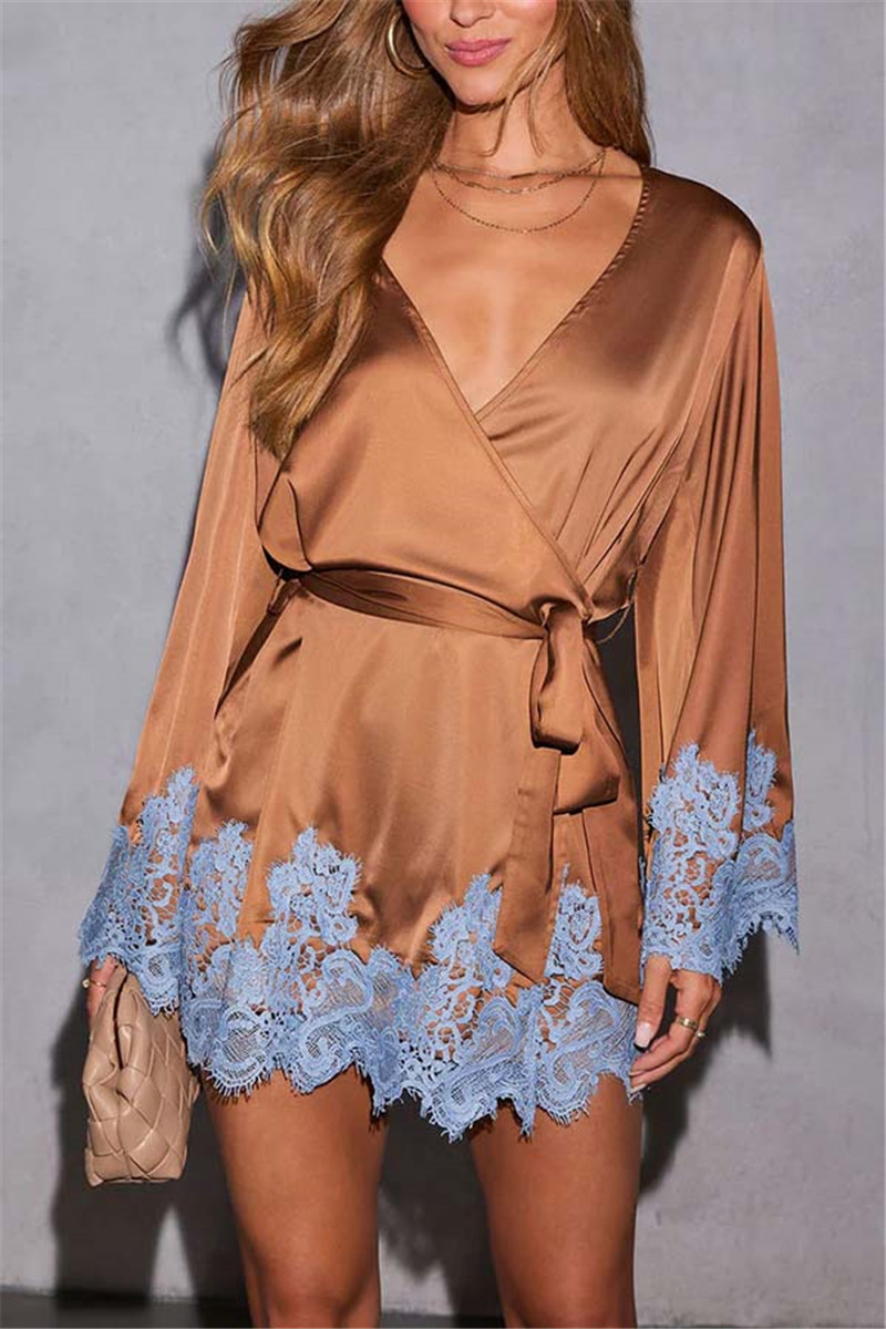 Hirigin – Robe en Satin et dentelle pour femmes, élégante, couleur contrastée, manches longues, col en V, Mini Robe pour chemise de nuit quotidienne, Robe de nuit