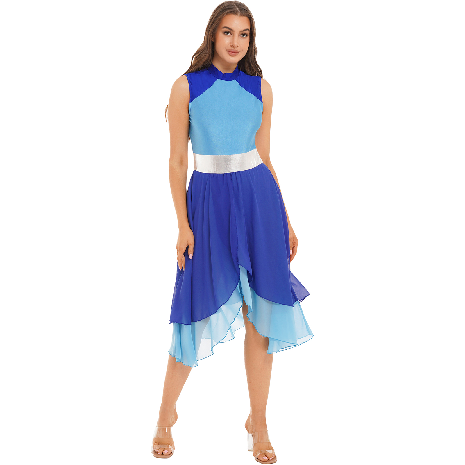 Robe de danse patchwork moderne pour femmes, robe de nuit pour documents once, col montant en fibre, ourlet fendu, vêtements de danse