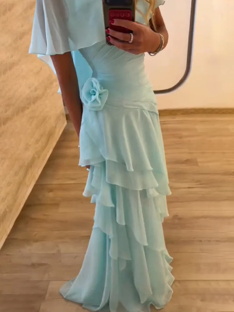 Robe de soirée élégante en mousseline pour femme, avec manches cape chic, jupe à volants étagés, fleurs 3D à la taille, Vestidos 2026, robe de soirée formelle