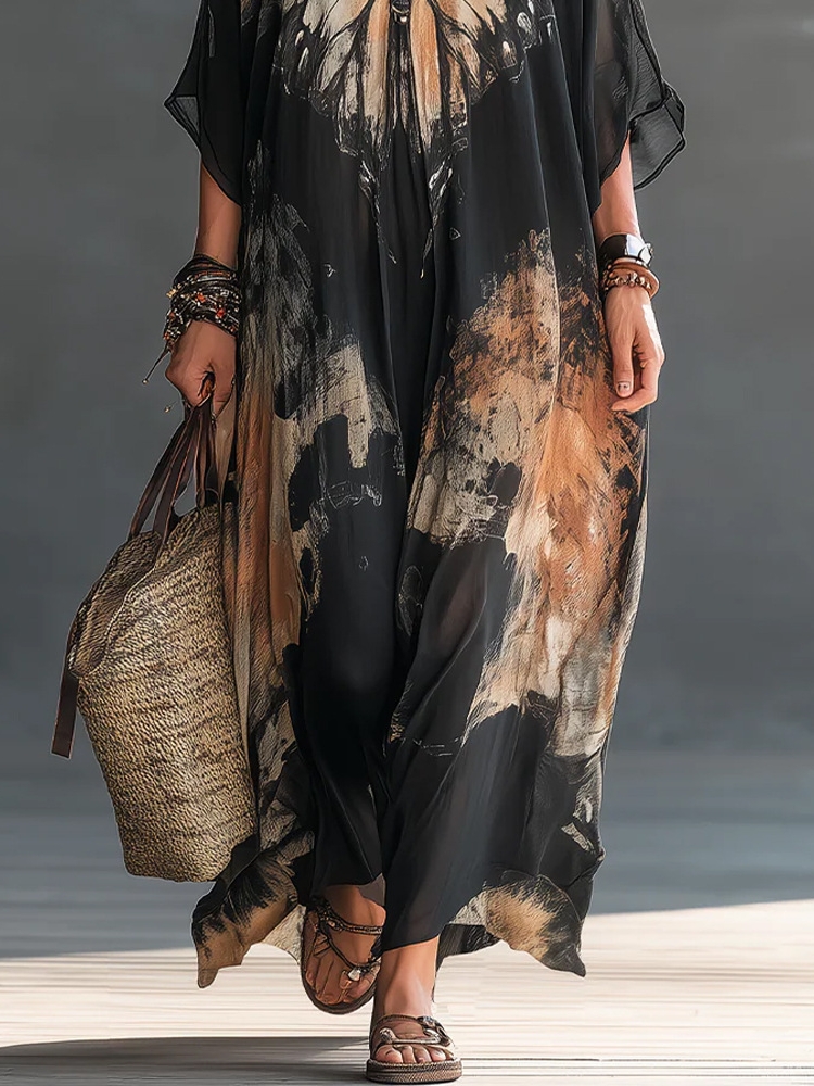 Robe longue maxi élégante pour femme en mousseline de soie à imprimé papillon, col en V, manches chauve-souris mi-longues, coupe ample et oversize, style bohème décontracté pour la plage