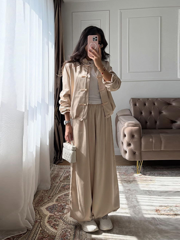 Ensembles décontractés manteau et pantalon pour femme, coupe ample, manches longues, simple boutonnage, taille élastique avec nœud, nouvelle collection printemps 2026, ensemble uni pour femme