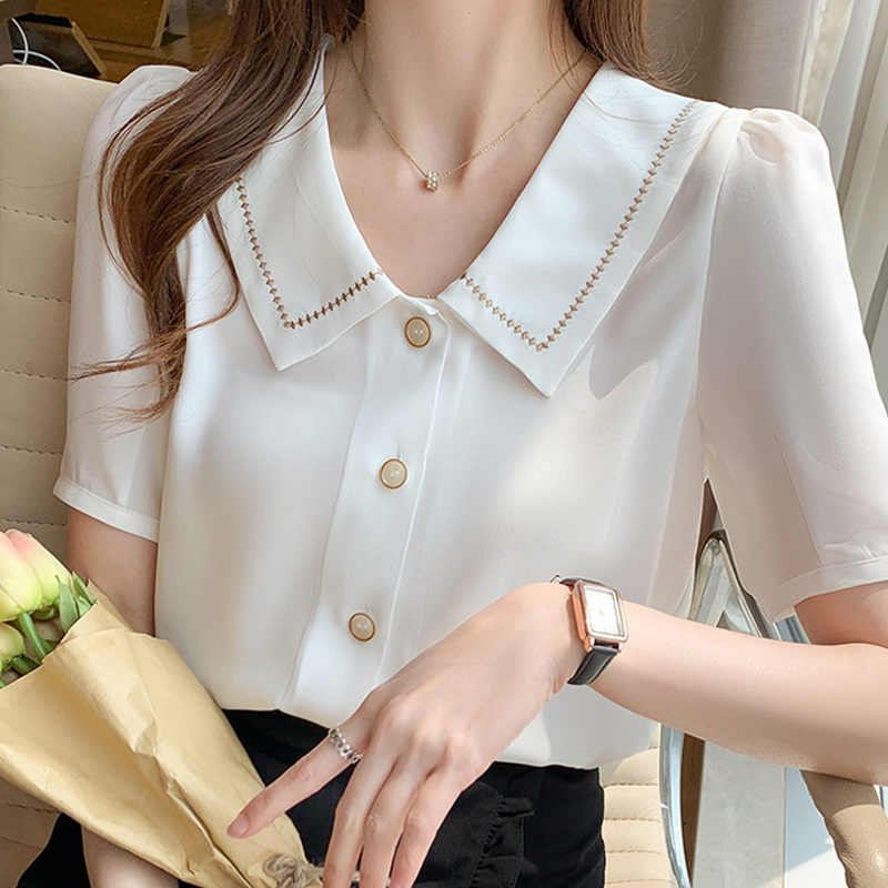 Chemisier en mousseline de soie à manches courtes pour femmes, chemise à col rabattu, chemisiers blancs d'été, E778, 2024