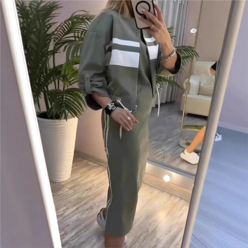 Robe de sport à la mode pour femmes, ensemble veste imprimée rayée, manteau court avec cordon de serrage + robe droite, ensemble deux pièces, vêtements de sport décontractés