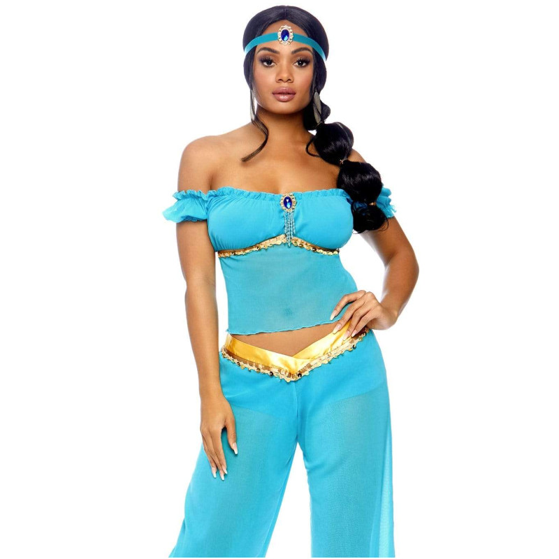 Costume de princesse arabe Jasmine pour femme, haut en maille transparente à épaules dénudées, pantalon ample de style Harem, ensemble avec bandeau, tenue de cosplay pour Halloween
