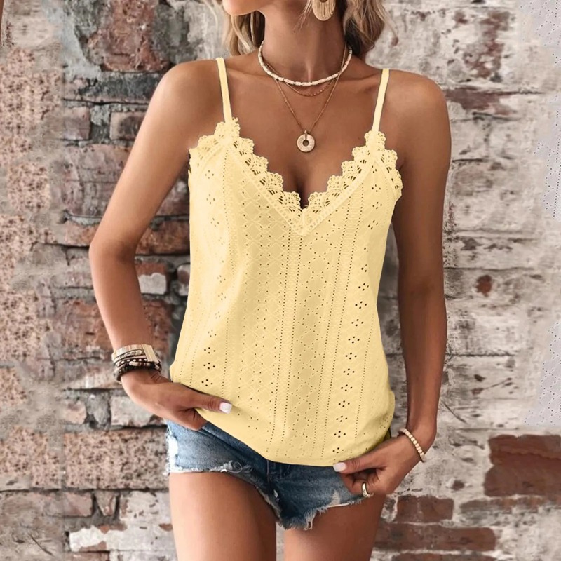 Débardeur en dentelle pour femmes, col en V, Camisole décontractée, mignon, haut d'été, coupe ample, crème, haut court, sangle fine, chemise, gilet, vêtements pour femmes