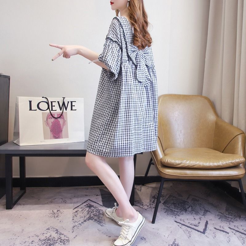 Robe mi-longue à carreaux pour femmes, vêtements décontractés, ligne A, nœud, plis, épissé, mince, col rond, basique, manches courtes, été