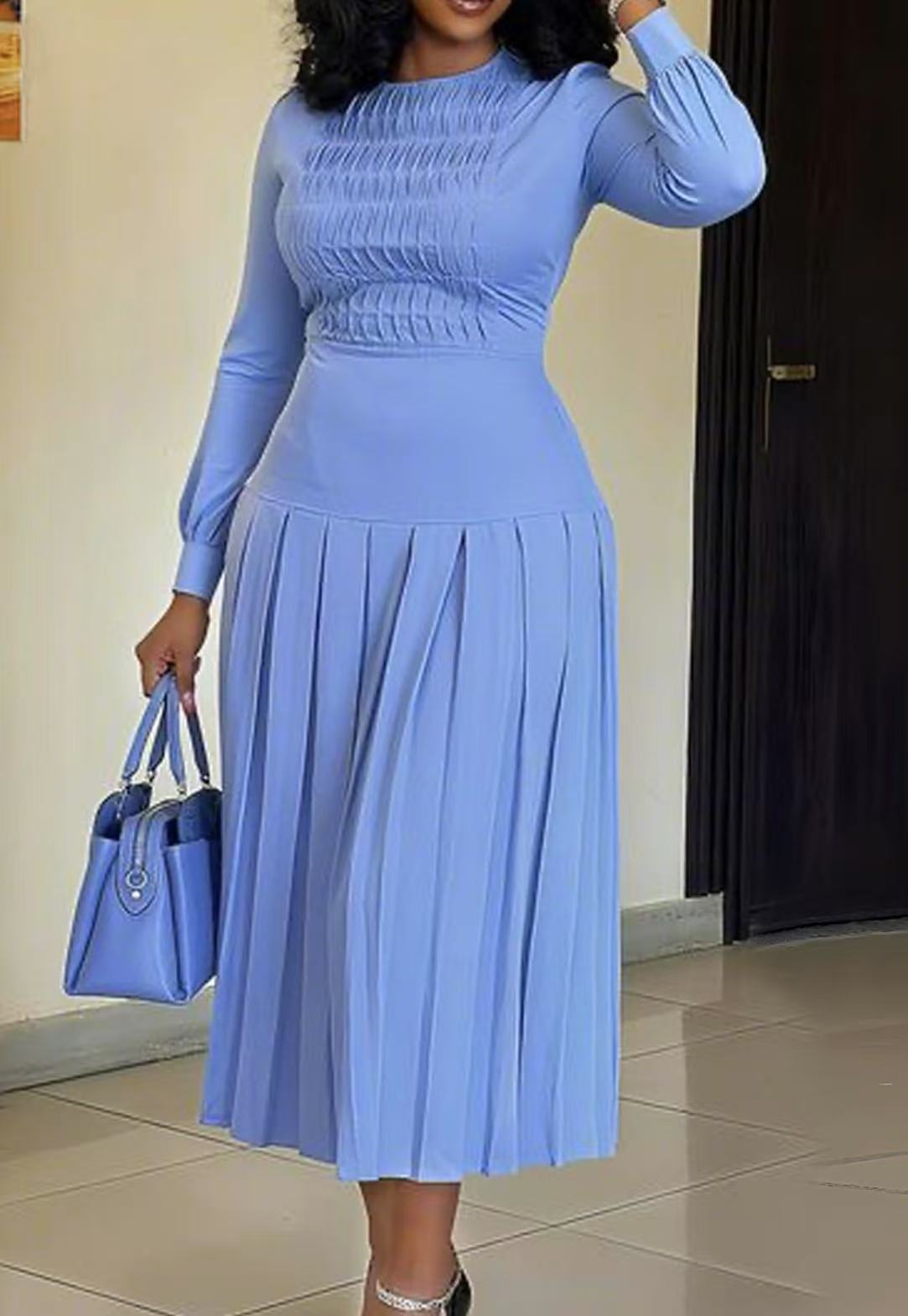 Robe longue plissée unie à manches longues et taille haute, coupe ajustée, nouvelle collection été 2025 pour femme
