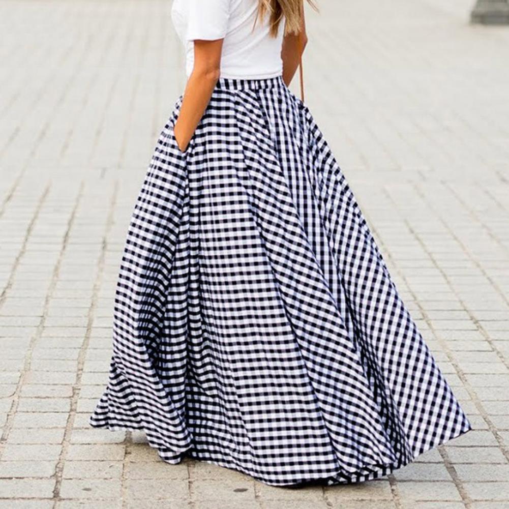 Jupes Maxi jupe longue d'été femmes jupe poches à carreaux été mince drapé jupe Maxi Streetwear jupe femme