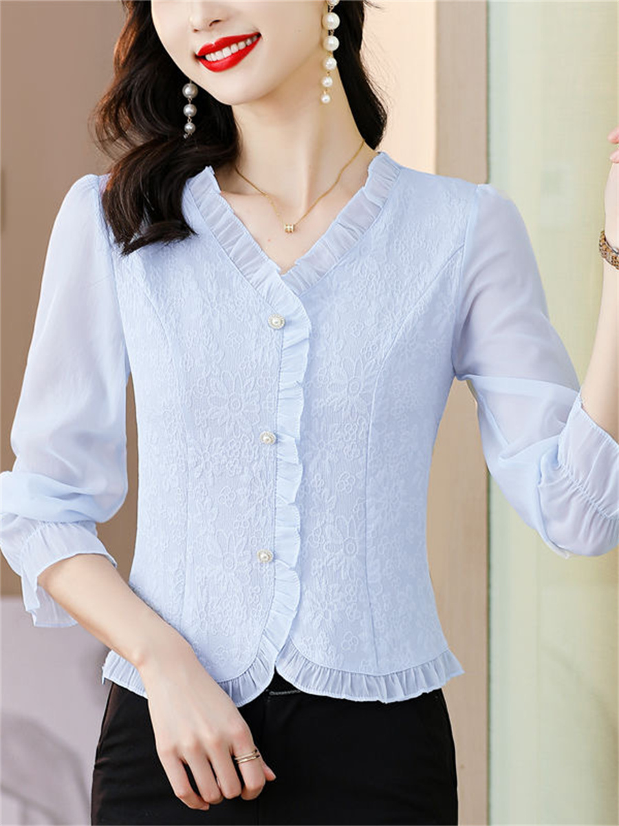 Chemise de printemps et d'automne pour femmes, haut à manches longues et col en v, coupe ajustée et tendance, couleur unie, DF4615