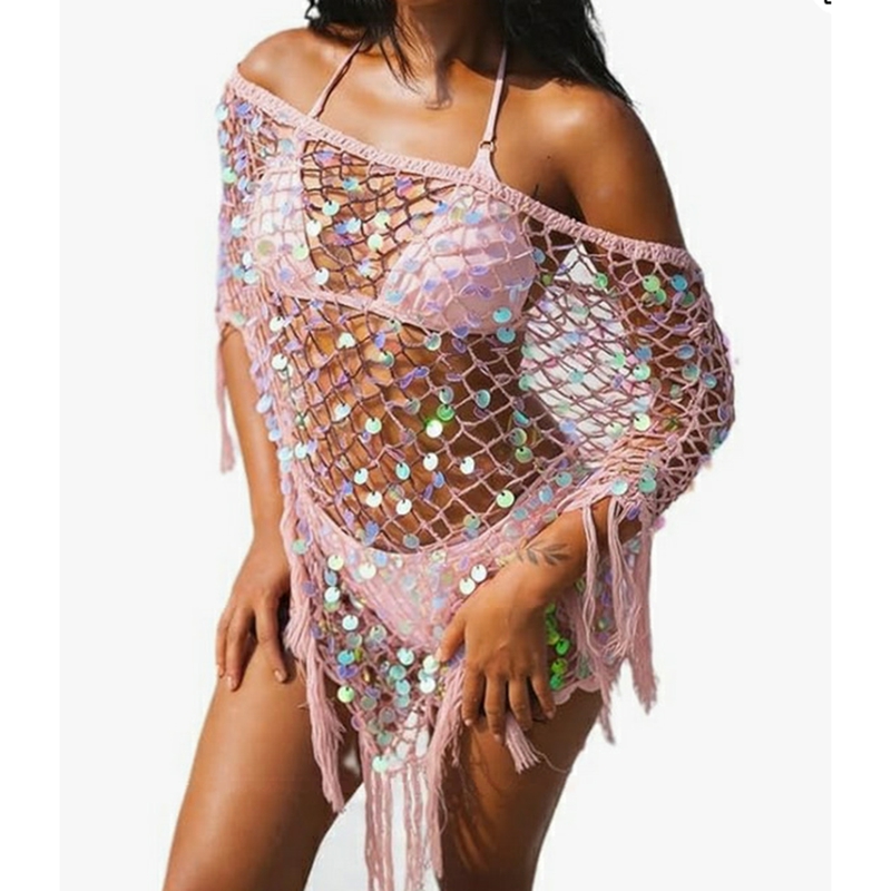 Ponchos en tricot pour femmes, style Y2K, à épaule dénudée, avec ourlet à franges triangulaires et sequins, coupe ample, en crochet ajouré, châle cache-maillot, vêtement de plage