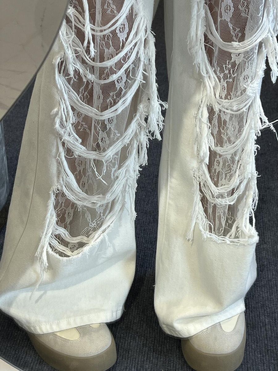 Jean blanc en détresse pour femmes, nouveau Design d'été, Slim, taille haute, jambes larges, avec frange en dentelle, 2025