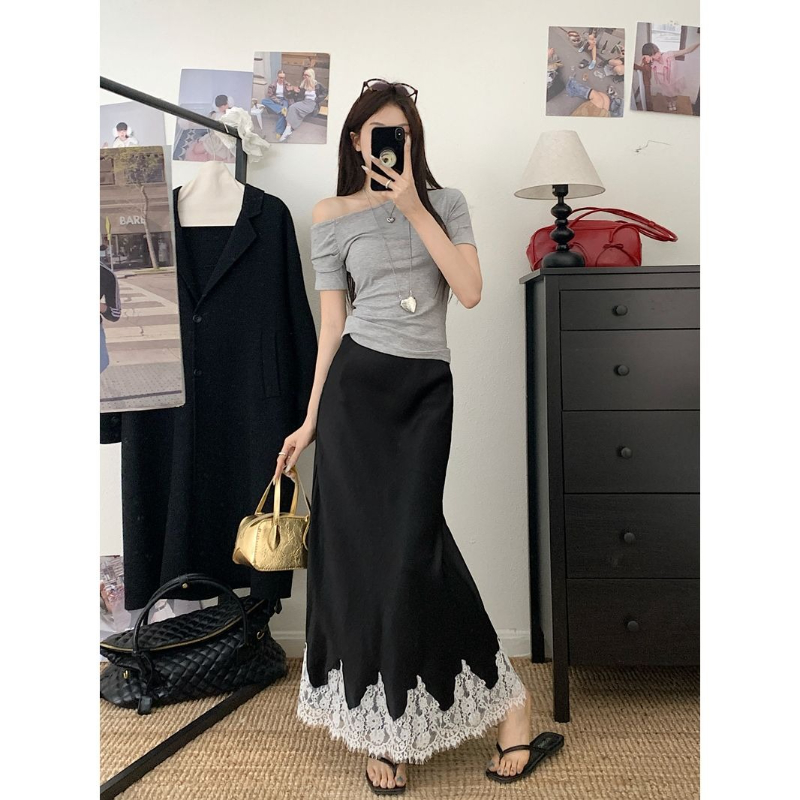 Jupes longues élégantes pour femmes, taille haute, dentelle, Satin, ligne a, mode coréenne, couleur unie, jupe ample pour femmes, été