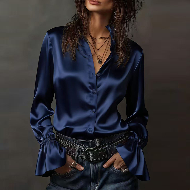 Mode femmes à manches longues chemise en soie noir col rabattu bouton Blouse femmes bureau hauts maille voir à travers la manches chemise en Satin