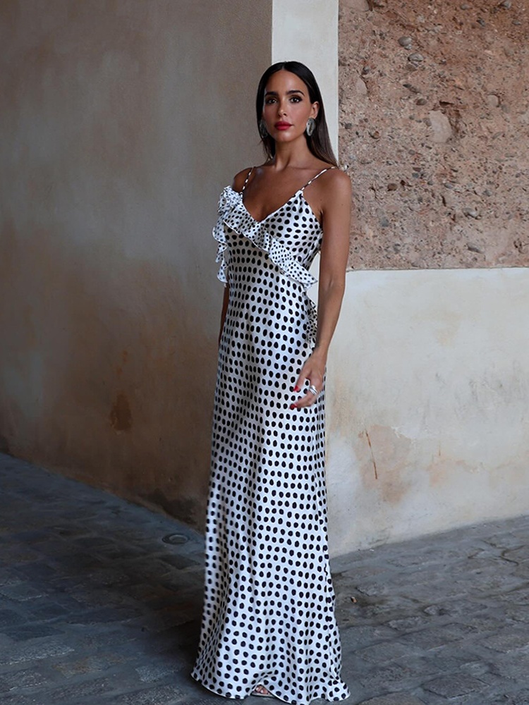 Robe de soirée dos nu pour femmes, sexy, imprimé floral 3D, à pois, robe maxi élégante, sans manches, à fines bretelles, robe moulante, robes de soirée