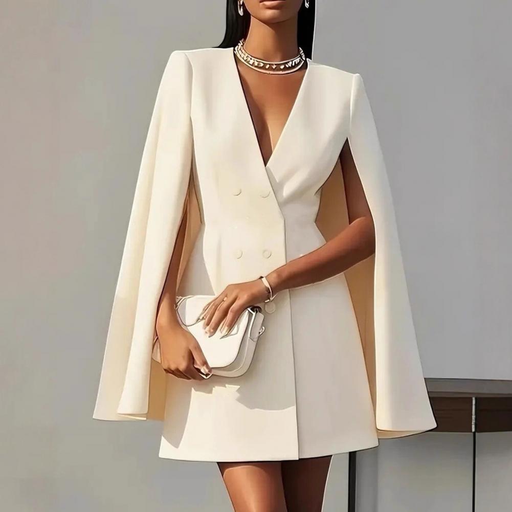Robe Blazer de Bureau pour Femme, Col en V, Manches Fendues, Style Cape, Mini-Robe Professionnelle, Double Boutonnage, Jupe Longue