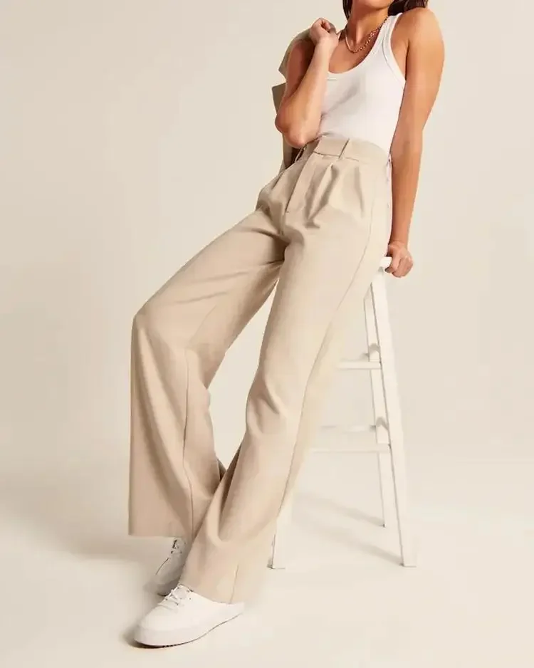 Pantalon décontracté à jambes larges pour femmes, taille haute, travail, couleur unie, sur mesure, boutonné, avec poches, pantalon de costume