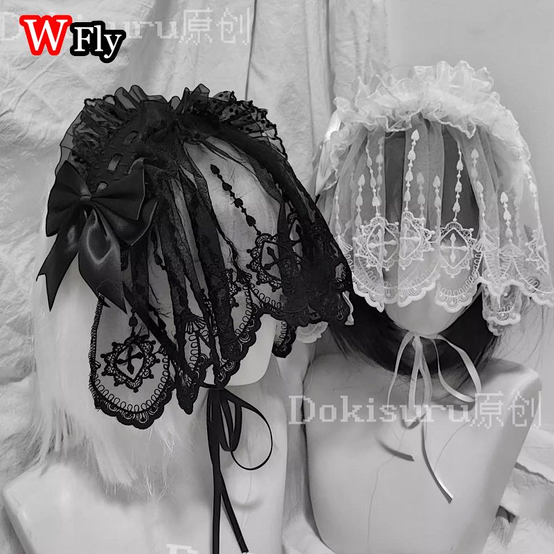 Serre-tête pour femmes style voile Harajuku Steampunk Y2K, à volants, en dentelle florale avec nœud, accessoire de coiffure gothique Lolita.
