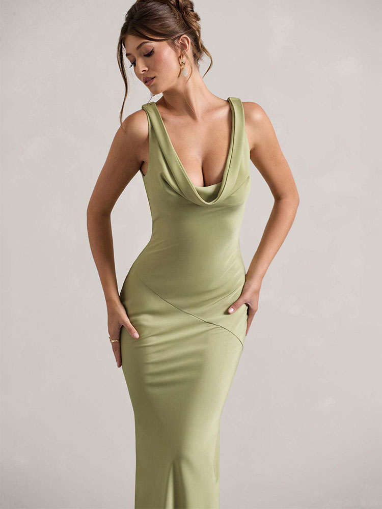 GACVGA Satin élégant Maxi Robe de soirée femmes sans manches mince Robe robes Sexy moulante Club fête longues robes Vestido
