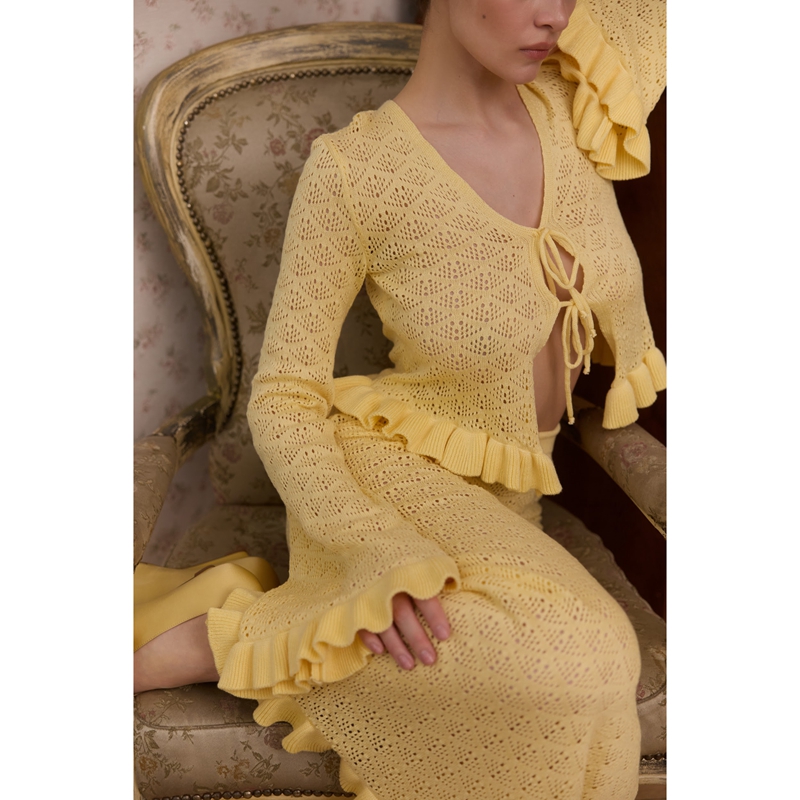 Combhasaki – ensemble 2 pièces en tricot ajouré à fleurs pour femmes, tenue à ourlet à volants, manches longues, haut noué sur le devant + jupe droite longue moulante
