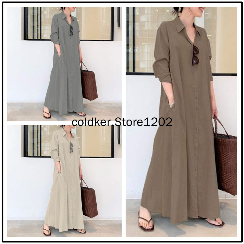 Longue robe de plage pour femmes, style Boho, décontractée, Simple, couleur unie, revers, manches longues, poches, soirée, large, Maxi, 2022