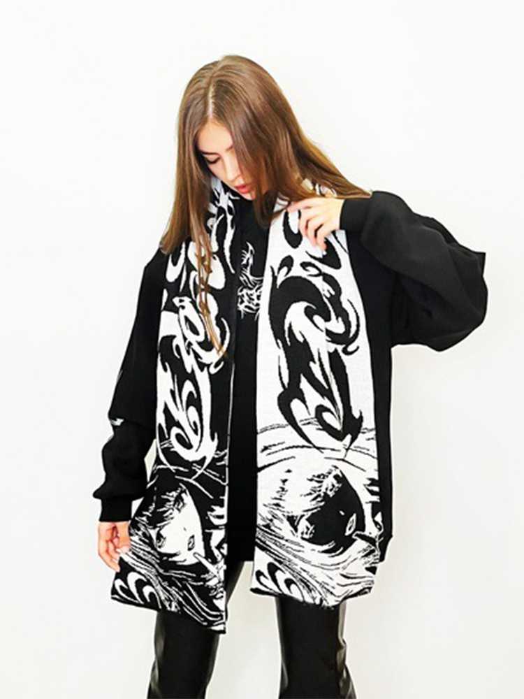 Écharpe tricotée jacquard double face pour femmes et hommes, dessin animé japonais kawaii, fée coréenne Grunge gothique, châle de couple Y2K