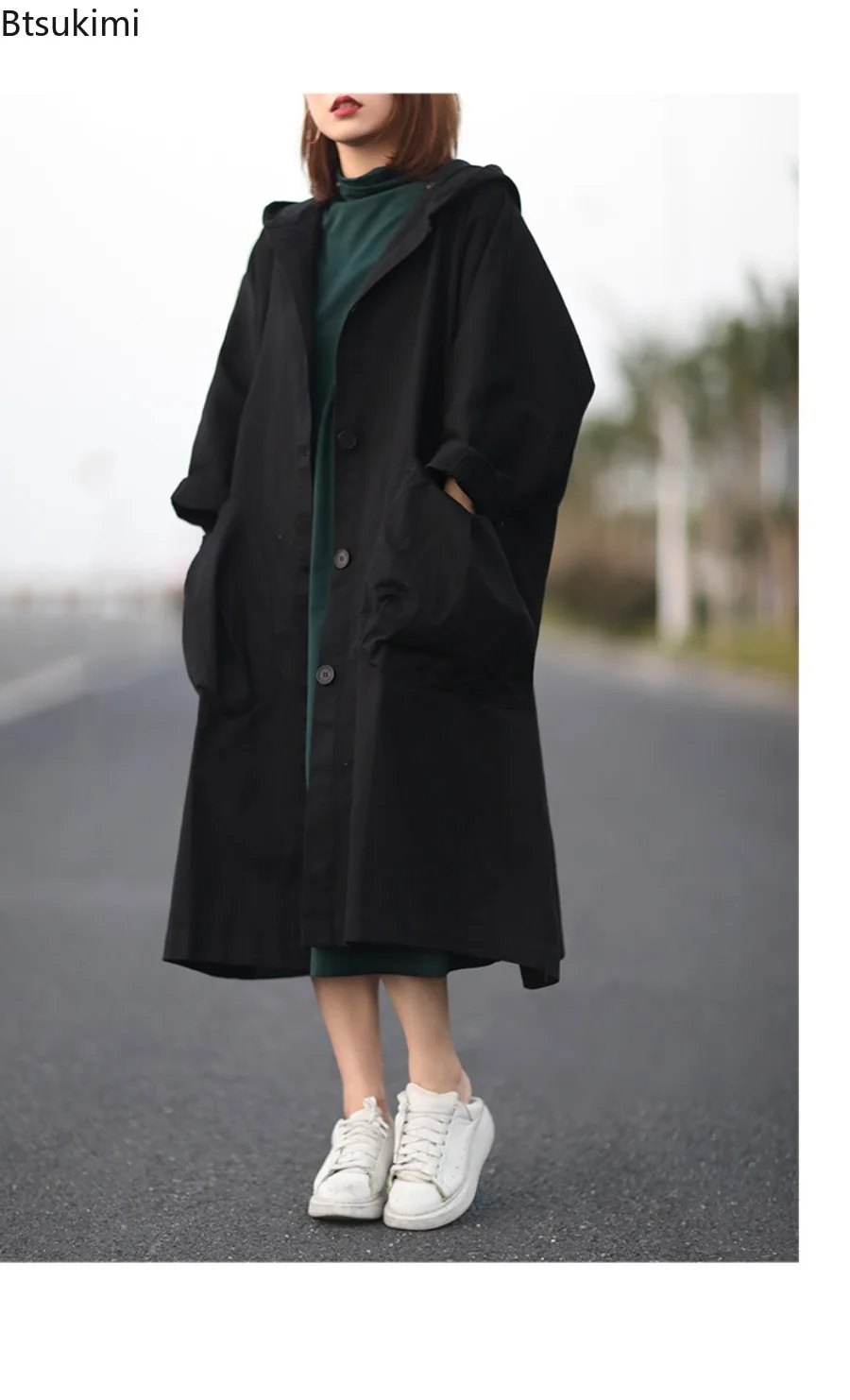 Manteau à capuche style coréen tendance 2026 pour femme, coupe ample décontractée avec grandes poches, trench-coat rétro mi-long pour femme, coupe oversize