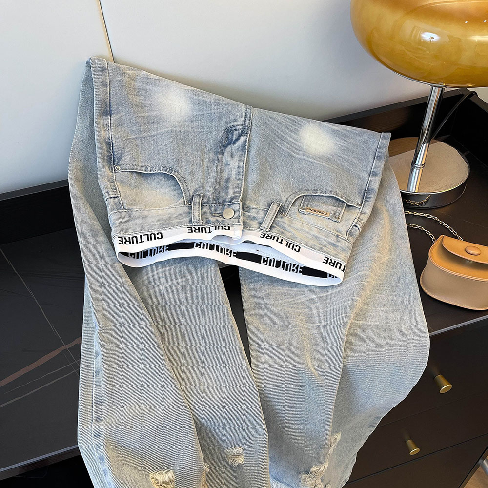 Pantalon en jean bleu clair décontracté pour femme, style rétro, pantalon Spice Girls, taille haute, printemps automne, design à lettres brodées