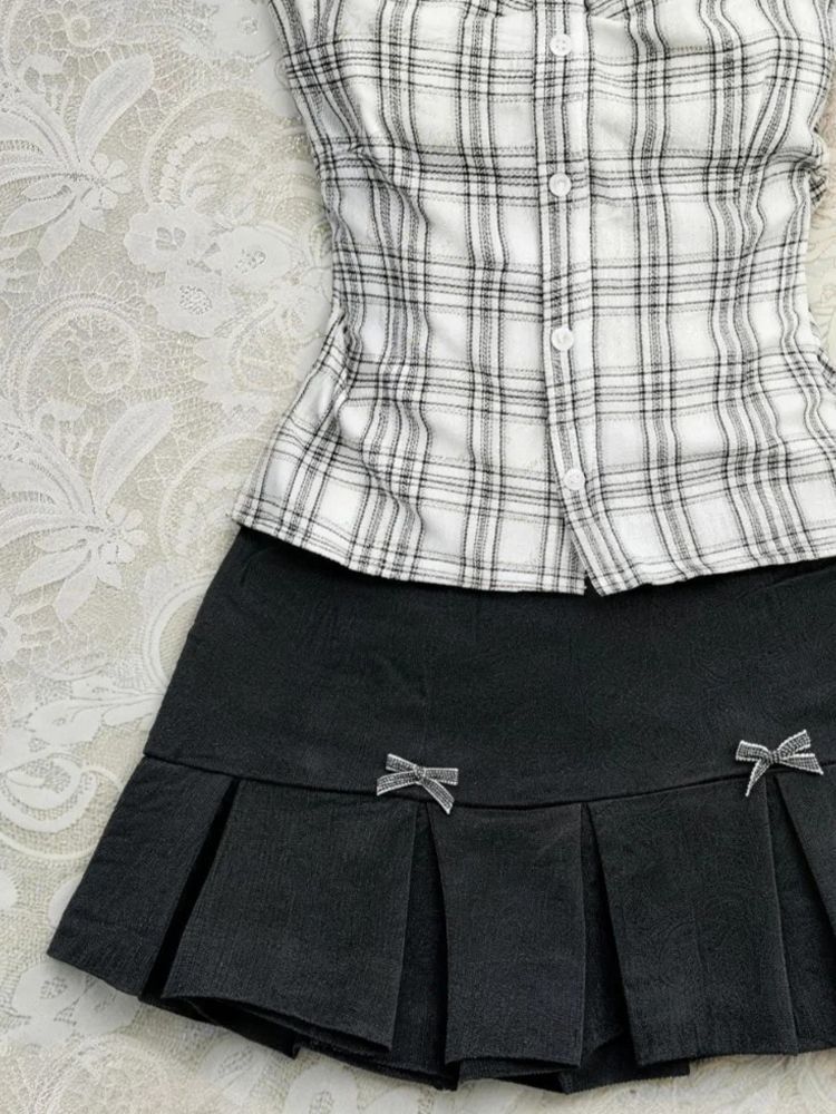 Ensemble 2 pièces japonais Harajuku : Haut slim à carreaux + mini-jupe, robe vintage d'été, style punk années 90, vêtements femme tendance