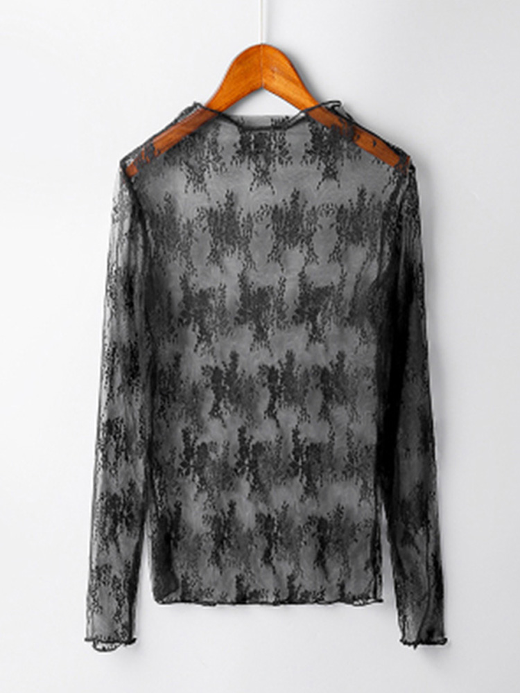 Été femmes dentelle broderie florale Blouses chemise dames hauts Sexy maille Blouses Transparent élégant Transparent chemise noire