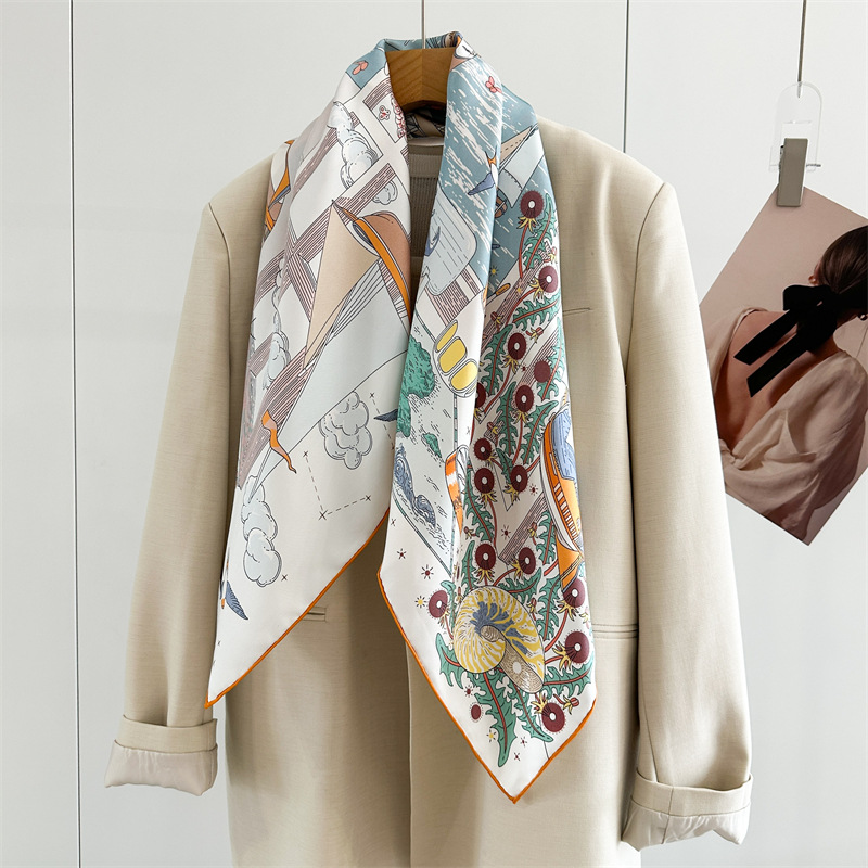 Nouvel arrivage : Foulard carré en twill de soie imprimé double face 18 mm, grand bandana en soie tendance pour femme 90*90 cm