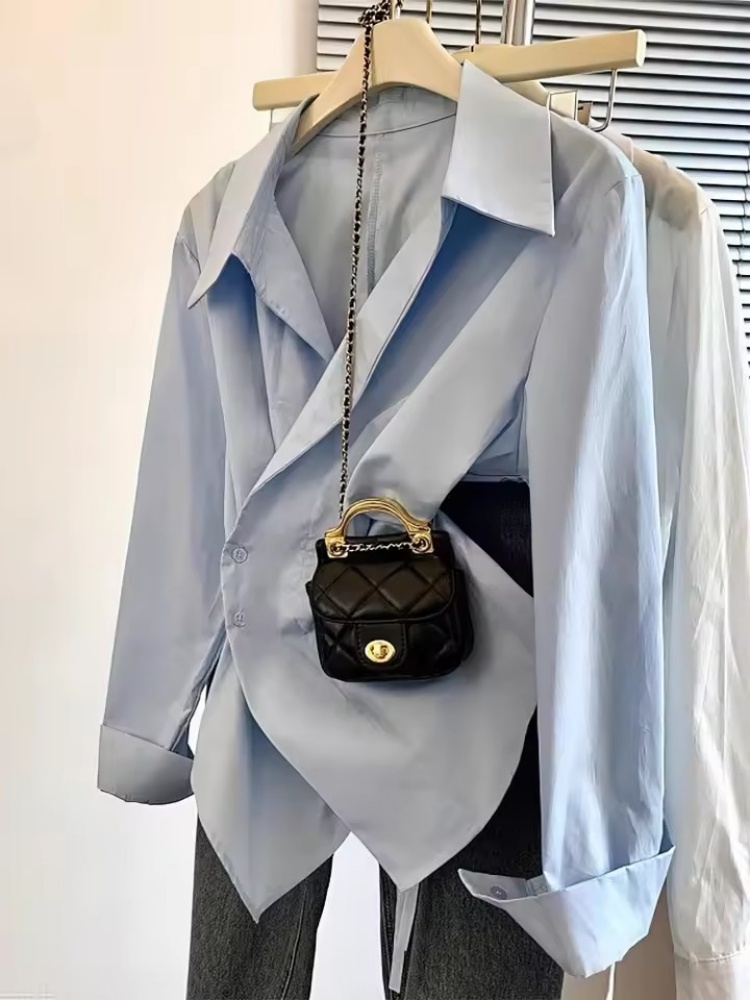 Chemise polo chic à manches longues irrégulière pour femmes, haut blanc élégant de base, chemisier, vêtements de travail tendance pour femmes